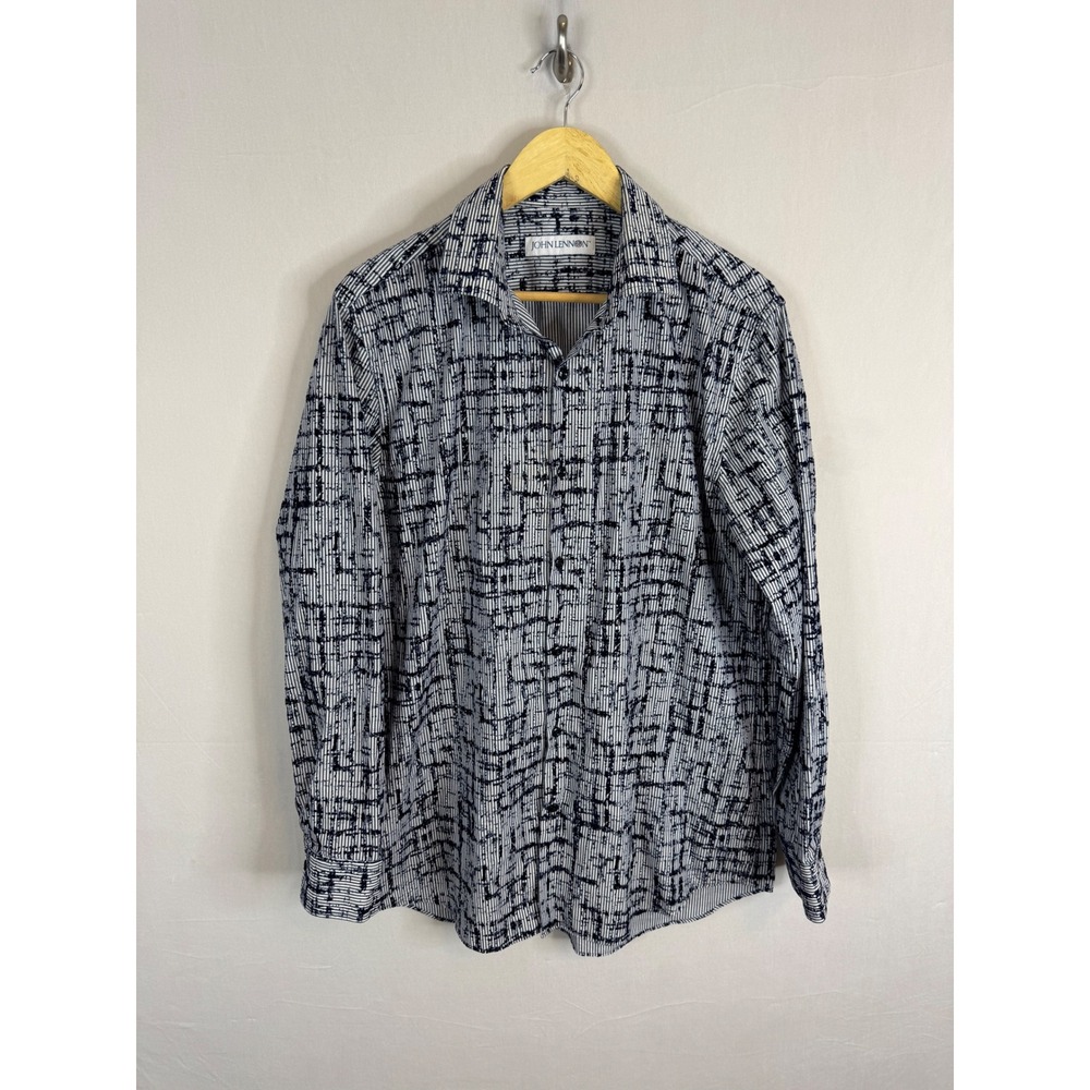 John Lennon Mens Abstract Grid Stripe Button Down Shirt Blue Large L 16-16.5